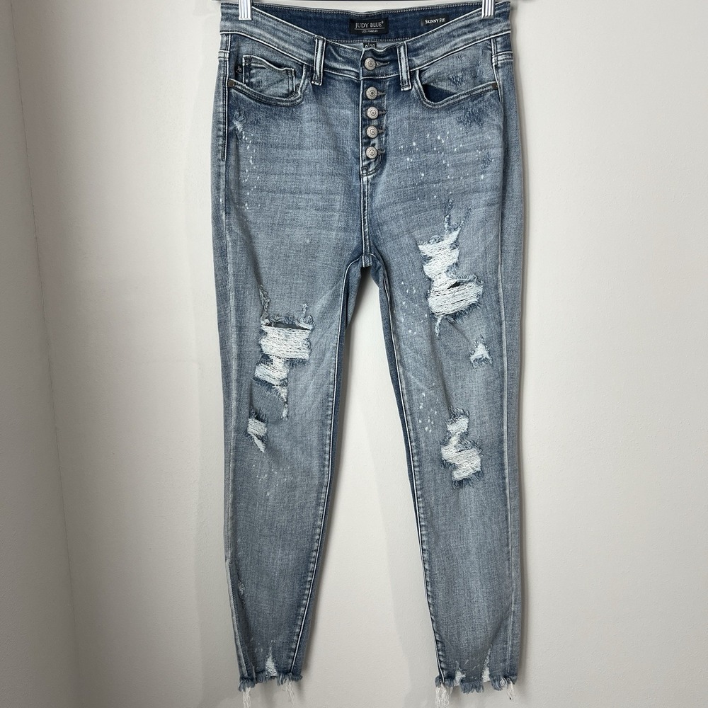 Judy Blue Skinny Fit Jeans Women's Size 9/29 Distressed Denim Button Fly Raw Hem